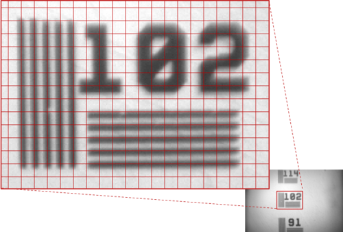 Image of a calibration slide with 9.8μm line spacing (superimposed red boxes are 10px x 10px)